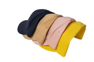 Yellow, blue, pink and beige cap, back view, isolated on white background. Four caps stacked one after another, mockup for logo placement. photo