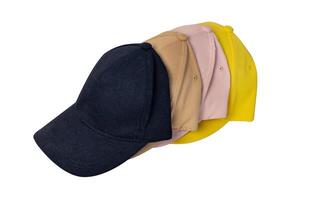 Pink, blue, yellow and beige cap, top view, isolated on white background. Four caps stacked one after another, mockup for logo placement. photo