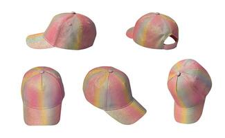 Banner with a group of photos of colorful caps from different sides, isolated on a white background. Mockup for placing a logo or using in design.