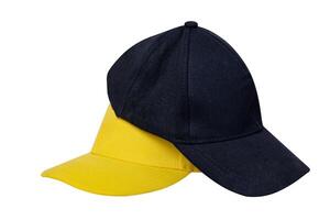 Blue and yellow cap front view isolated on white background. Two caps on top of each other, mockup for logo placement. photo