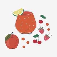 Glass of red drink, fruits and berries. Healthy vegan smoothie, strawberry, cherry, cranberry, apple, lime. Menu element for cafe, restaurant, bar. Hand drawn flat design illustration. vector