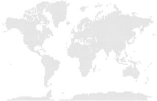 Abstract pixelated squire shape dotted map showing world geography. Features continents and oceans in a clean layout. Modern squire shape dotted world map feathering abstract country territory vector