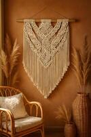 A handmade macrame wall hanging in an earth tone palette. The intricate design with fringes, neutral background, plants photo