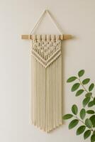 Handmade macrame wall hanging. Intricate knot patterns and fringes. Complemented by a green plant nearby photo