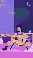 Lofi balcony jam session at night with mouse and bird vertical animation. Lo fi girl playing guitar on patio. String lights, crescent moon 2D cartoon animated 4k . Chill aesthetic, live wallpaper video