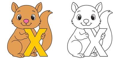 Cartoon squirrel holding the letter x for alphabet coloring page vector