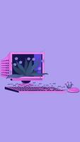 Lofi floral retro computer bloom vertical animation. 80s monitor sprouting flowers, keyboard mouse. Digital nostalgia, organic life. Lo fi 2D cartoon animated 4k . Chill aesthetic, live wallpaper video