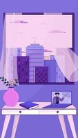 Lofi study desk with e-learning vertical animation. Calm evening, curtain flowing, window view. Laptop with online class. Lo fi 2D cartoon animated 4k . Chill aesthetic, live wallpaper video