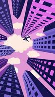 Lofi city skyscrapers upward view plane flying vertical animation. Dreamy urban escape airplane. Tall buildings clouds pink sky. Lo fi 2D cartoon animated 4k . Chill aesthetic, live wallpaper video