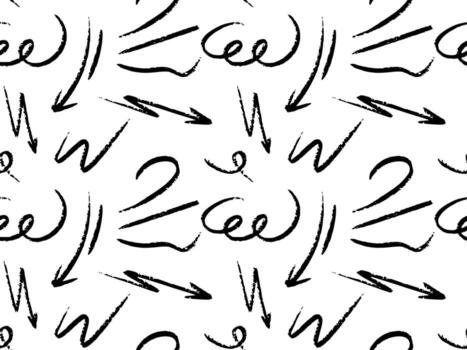 Seamless pattern with abstract hand drawn scribbles, swirls, arrows, curve textured lines. Rough crayon and brush stroke elements create a playful and expressive style. Perfect for modern vector