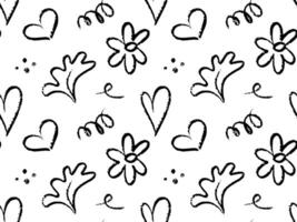Doodle seamless pattern with hand drawn black sketch elements, Includes playful hearts, curlicues, scribbles, lines, flowers, leaves, dots on white background. Crayon style texture with a fun vector