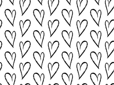 sin costura tiza modelo con mano dibujado corazones en lápiz de color estilo en blanco antecedentes. repitiendo romántico bosquejo diseño con texturizado líneas, Perfecto para San Valentín día, envase papel, niños' productos vector