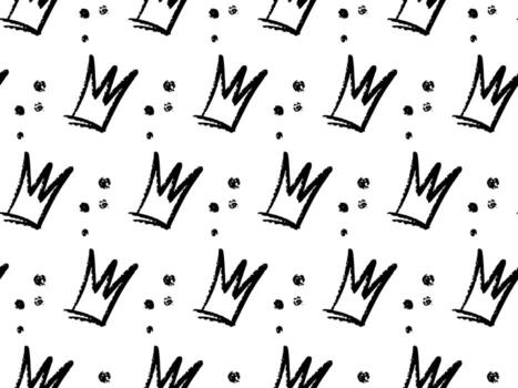 garabatear sin costura modelo con mano dibujado negro bosquejo elementos, incluye juguetón coronas y puntos en blanco antecedentes. lápiz de color estilo textura con un divertido, artístico onda. Perfecto para niños productos vector