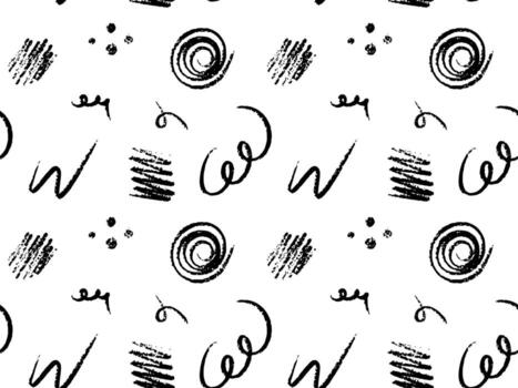Seamless pattern with abstract hand drawn scribbles, swirls, dots, textured lines. Rough crayon and brush stroke elements create a playful and expressive style. Perfect for modern textile vector