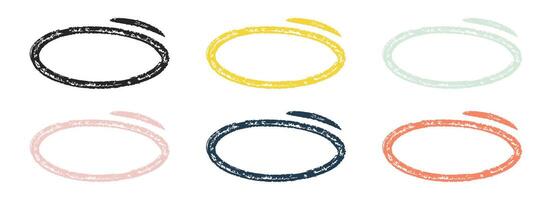 Grunge Hand Drawn Circle Highlights with dry brush or marker texture. Marker Color Scribble Elements Set. Sketchy rough oval and circular frames perfect for emphasizing text, UX design elements vector