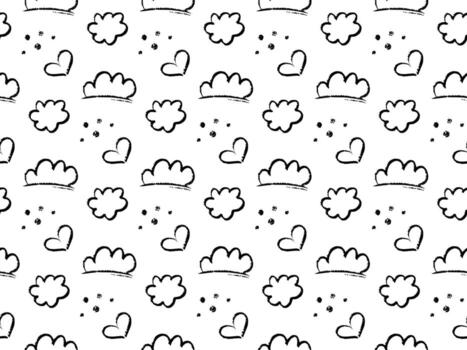 garabatear sin costura modelo con mano dibujado negro bosquejo elementos, incluye juguetón nubes, corazones, puntos en blanco antecedentes. lápiz de color estilo textura con un divertido, artístico onda. Perfecto para niños productos vector