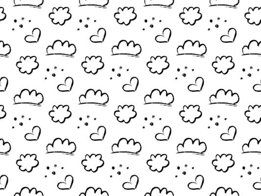 Doodle seamless pattern with hand drawn black sketch elements, Includes playful clouds, hearts, dots on white background. Crayon style texture with a fun, artistic vibe. Perfect for kids products