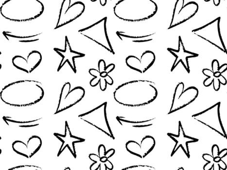 Seamless chalk pattern with abstract hand drawn stars, hearts, arrows, flowers, scribbles, swirls, dots, textured lines. Rough crayon and brush stroke elements create a playful and expressive style vector
