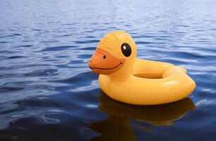 Bright yellow duck float resting on calm water surface at a lake photo