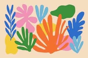 Abstract leaf and coral-like shapes in matisse art style. Bright bold colors, naive hand drawn organic forms and figures on beige background vector