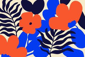 Red hand drawn flowers, blue palm leaves and blobs an beige background. Abstract poppy and tropical leaf in matisse art style. Primitive art design vector