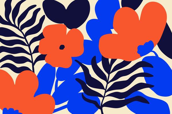 Red hand drawn flowers, blue palm leaves and blobs an beige background. Abstract poppy and tropical leaf in matisse art style. Primitive art design