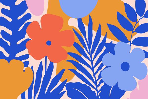 Colorful botanical shapes doodle background. Hand drawn abstract tropical leaves and flowers in matisse style, decorative bright art design