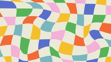 Psychedelic colorful checkerboard background. Abstract groovy hippie 60s-70s design. Distorted illustration in Y2k style vector