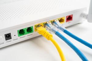 Ethernet cable wireless router connect to internet service provider internet network. photo