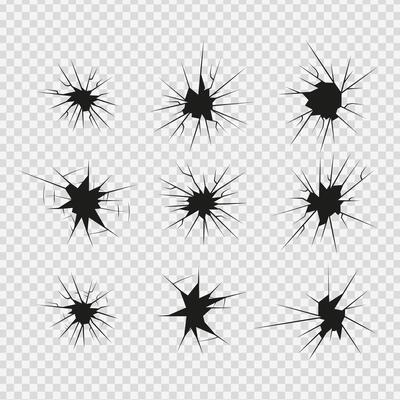 Crack shot glass icons set, silhouette cracks and breaks, broken glass or ice