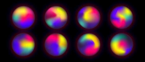 Set of bright holographic circles mesh gradient on black background, illustration fluid liquid energy vector
