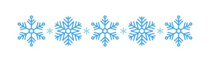 illustration snow icon divider with blue snowflakes on a white background. Festive Christmas banner, New Year card. Symbol of frosty whether and happy holidays. Winter vector