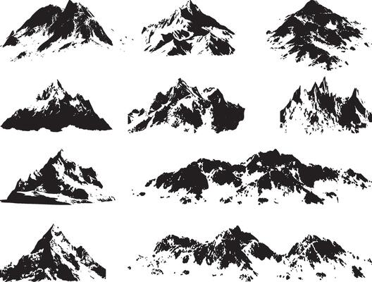 mountain silhouette or vintage hill natural landscape elements for climbing or hiking Rocky peaks black and white Mountains ranges.