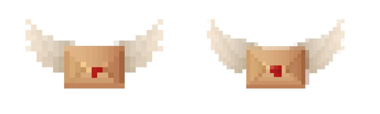 Mosaic pixel art envelope with wings in retro 8 bit style for nostalgic game design