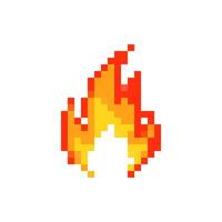 Mosaic pixel art icon with flaming fire design in bright red and yellow tones vector