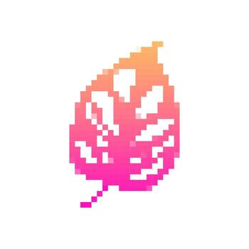 Mosaic pixel leaf icon with vibrant colors and gradual gradient in retro 8 bit style vector