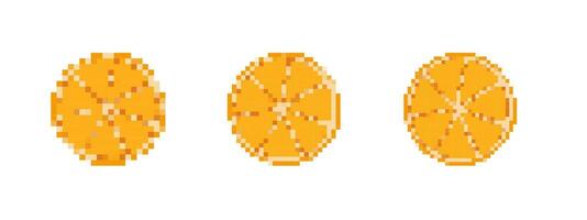 Mosaic pixel art of three orange slices in 8 bit style for retro game design and ui icons vector
