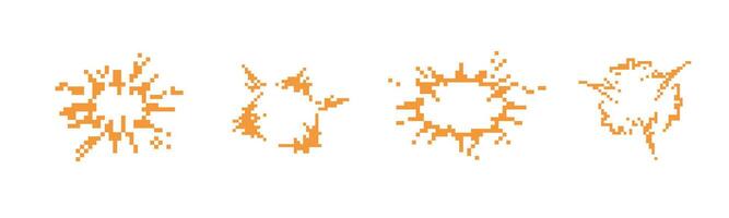 Mosaic pixel icons illustrating bright orange burst shapes in retro 8 bit style vector