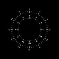 Circular measurement dial with radial tick marks and numeric indicators on black background vector