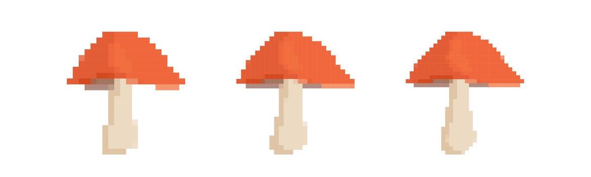 Mosaic pixel style red mushrooms with simplistic 8 bit retro game look and hand drawn charm vector