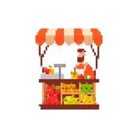 Mosaic fruit stall pixel art icon with vendor in playful retro game design style vector