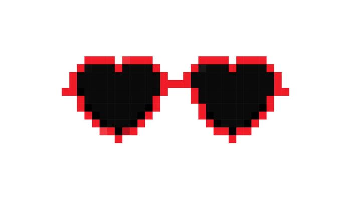 Mosaic pixel heart shaped sunglasses in retro 8 bit style for fun and nostalgic design