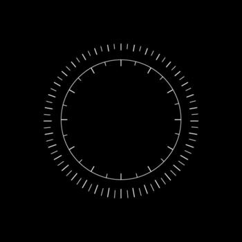 Circular measuring scale graphic with radial marks and numeric indicators in black and white vector