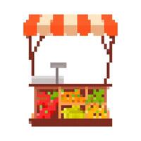 Mosaic pixel fruit stand icon featuring colorful fruits and classic market stall elements vector