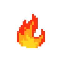 Mosaic pixel art flame icon with vibrant red and yellow colors for retro game design vector