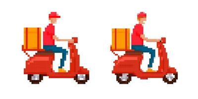 Mosaic pixel art delivery service scooter rider in vibrant retro 8 bit style icon design vector