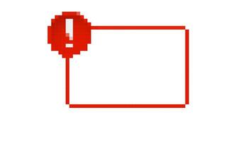 Mosaic pixel alert icon with exclamation mark and red frame in digital 8 bit art style vector
