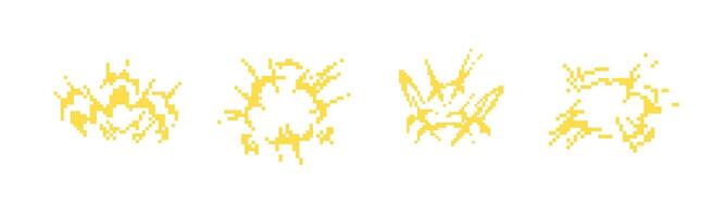 Mosaic pixel icons depicting various explosion in a retro 8 bit art style vector