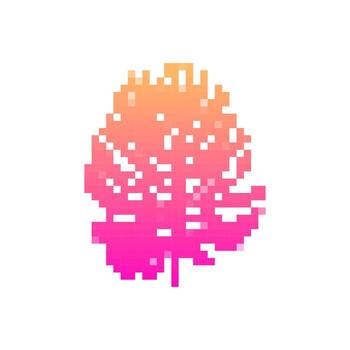 Mosaic pixel leaf icon in vibrant pink gradients with retro 8-bit art style and playful design vector