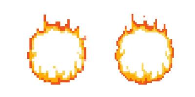 Mosaic pixel art fire icon set in retro 8 bit game style with vibrant flames vector